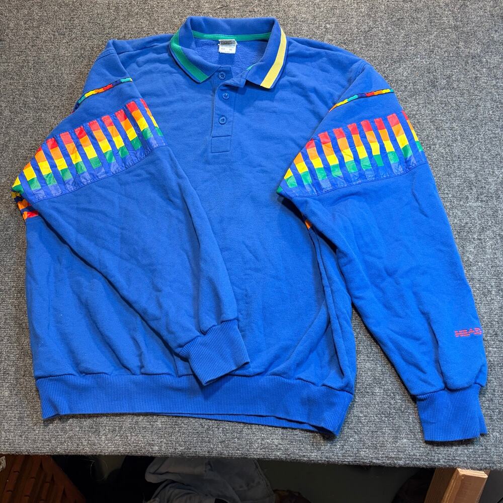 Vintage Head Sportswear Mens XL Blue Rainbow Sleeve Pullover Sweater Retro